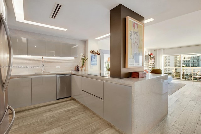 kitchen featuring sink, appliances with stainless steel finishes, white cabinets, kitchen peninsula, and light wood-type flooring