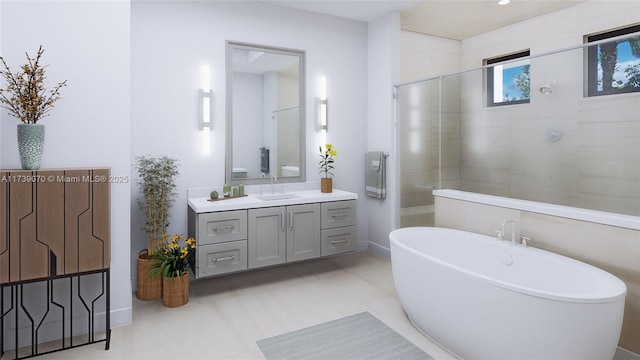 bathroom with a soaking tub, tile patterned flooring, vanity, and a stall shower