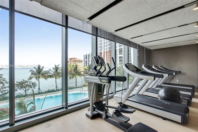 workout area featuring hardwood / wood-style floors, expansive windows, and a water view