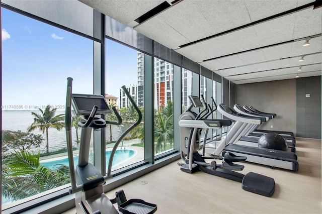 exercise room with floor to ceiling windows, a water view, hardwood / wood-style floors, and track lighting