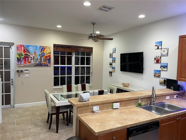 kitchen with light tile patterned flooring, sink, stainless steel dishwasher, ceiling fan, and kitchen peninsula