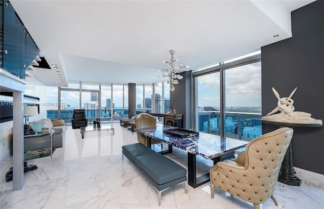 dining space featuring a wall of windows and a chandelier