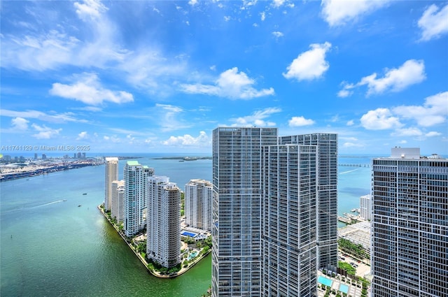 birds eye view of property with a water view