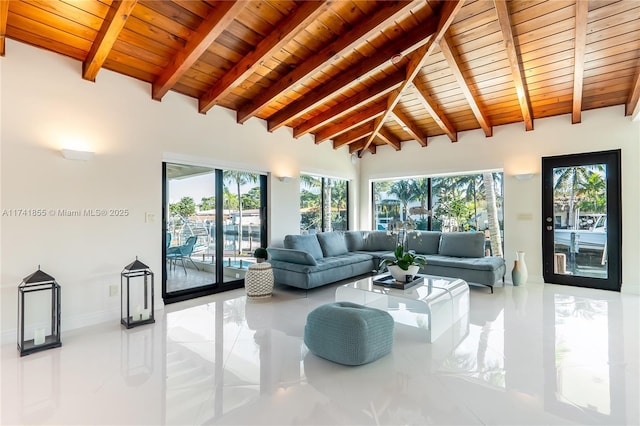 sunroom / solarium with lofted ceiling with beams and wood ceiling