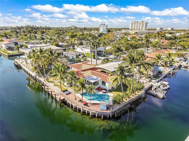 aerial view featuring a water view