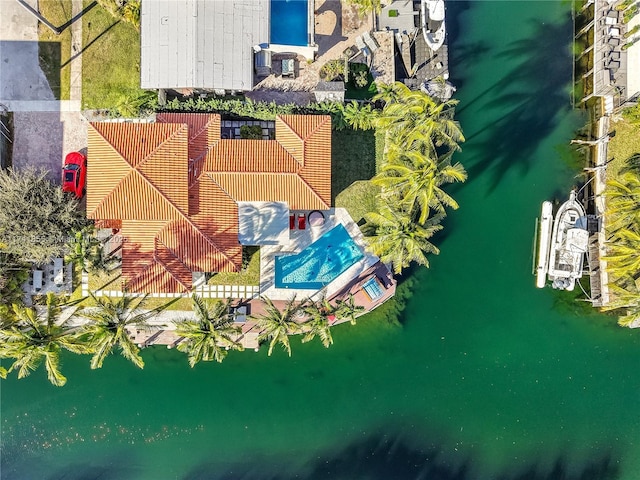 aerial view featuring a water view