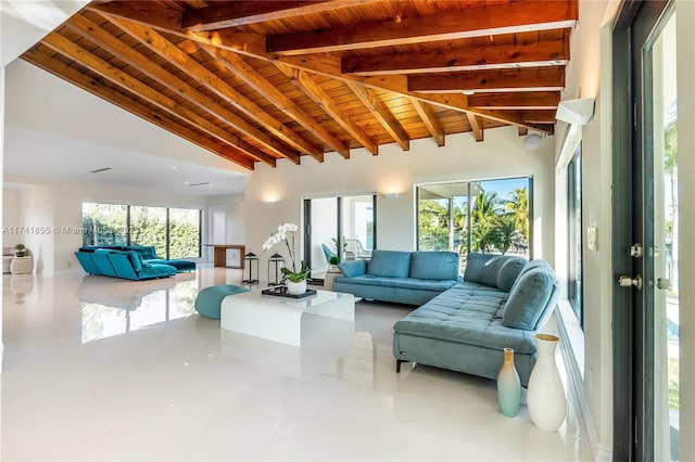 sunroom / solarium with lofted ceiling with beams and wood ceiling