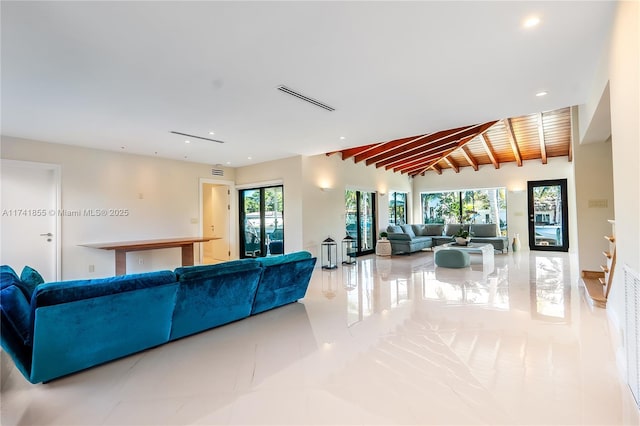 living room featuring wooden ceiling, vaulted ceiling with beams, recessed lighting, and visible vents