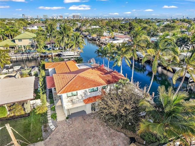 drone / aerial view featuring a water view