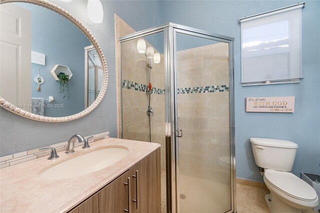 bathroom with walk in shower, vanity, toilet, and tile patterned flooring