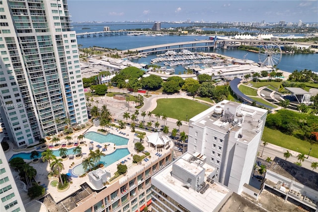 drone / aerial view with a water view