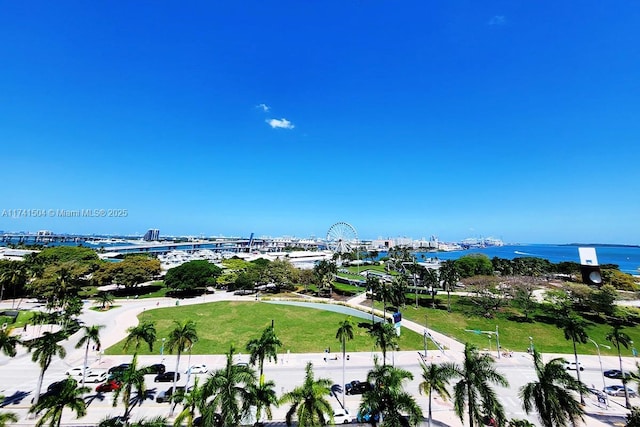 bird's eye view with a water view