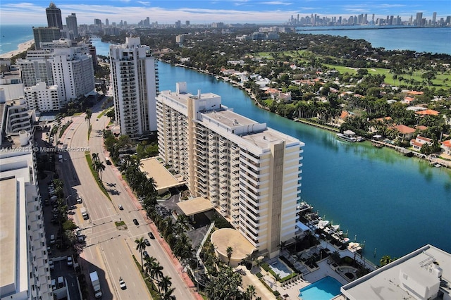 aerial view featuring a water view