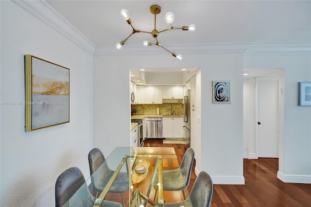 dining area with a notable chandelier, crown molding, and dark hardwood / wood-style floors