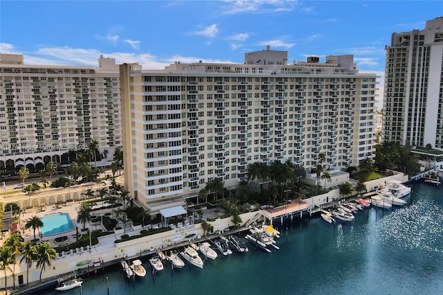 view of building exterior featuring a water view