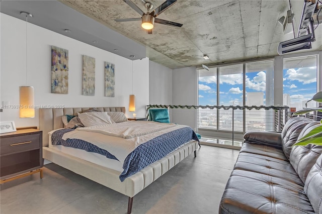 bedroom with concrete flooring and ceiling fan