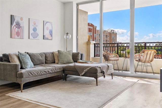 living room with hardwood / wood-style flooring and expansive windows