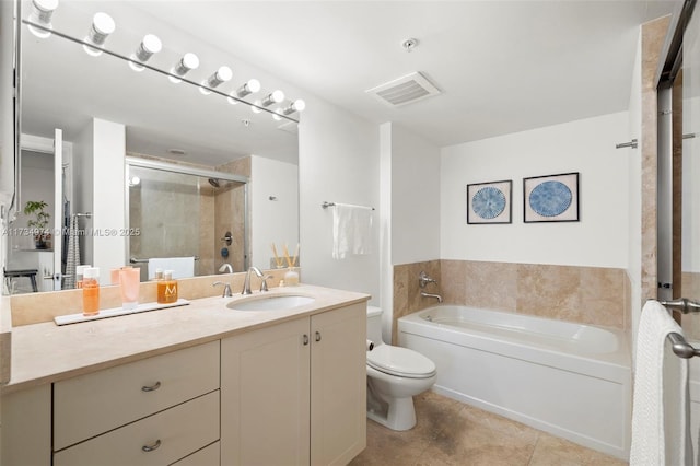 full bathroom with vanity, toilet, tile patterned flooring, and plus walk in shower