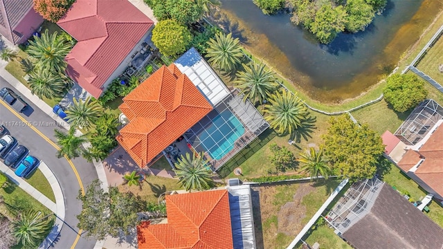 aerial view featuring a water view