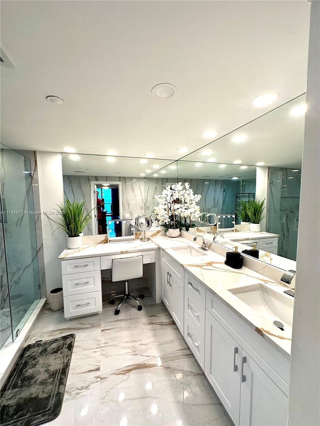 bathroom featuring vanity and walk in shower