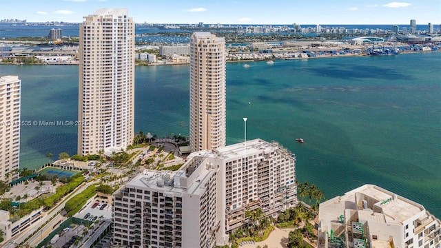 drone / aerial view featuring a water view