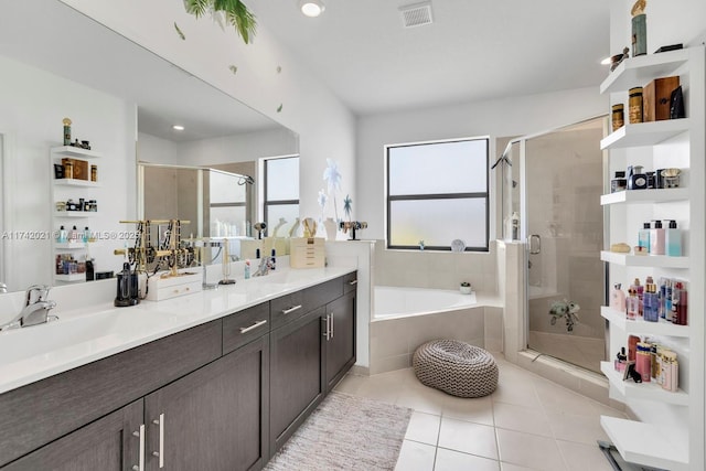 bathroom with vanity, separate shower and tub, and tile patterned floors