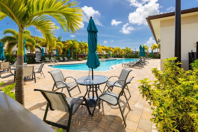 view of swimming pool featuring a patio area