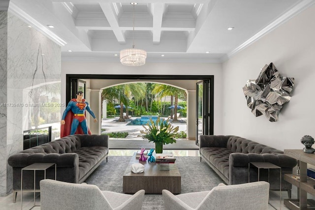 living room with coffered ceiling, a notable chandelier, ornamental molding, and beamed ceiling