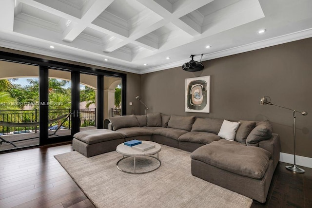 living room featuring beamed ceiling, ornamental molding, and coffered ceiling