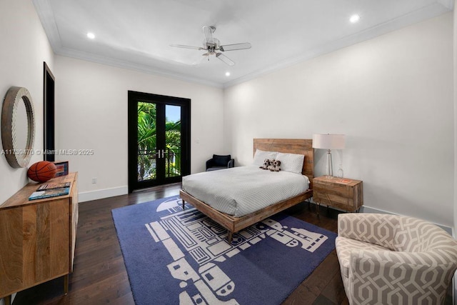 bedroom with dark wood-type flooring, ornamental molding, french doors, and ceiling fan