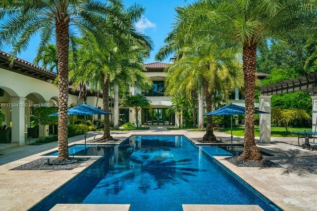 view of swimming pool with a pergola and a patio area