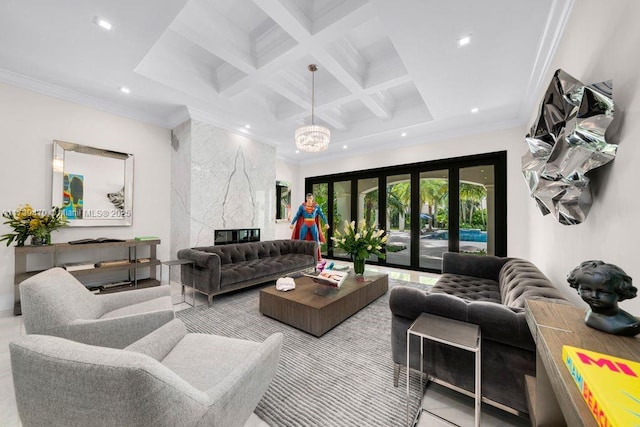 living room with coffered ceiling, beam ceiling, ornamental molding, and a premium fireplace