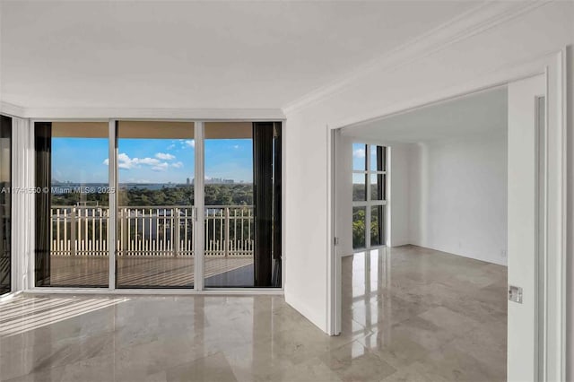 empty room with ornamental molding and expansive windows