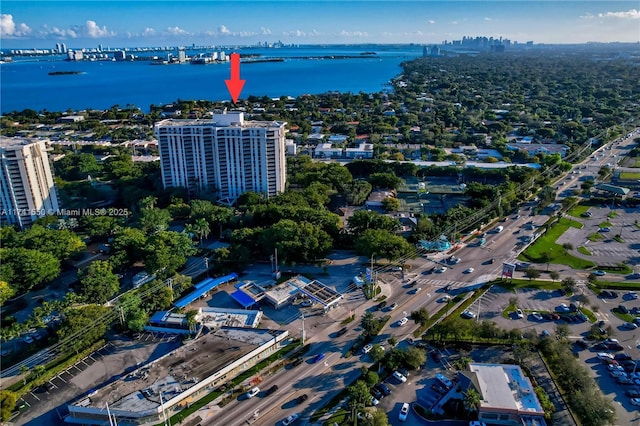 drone / aerial view with a water view