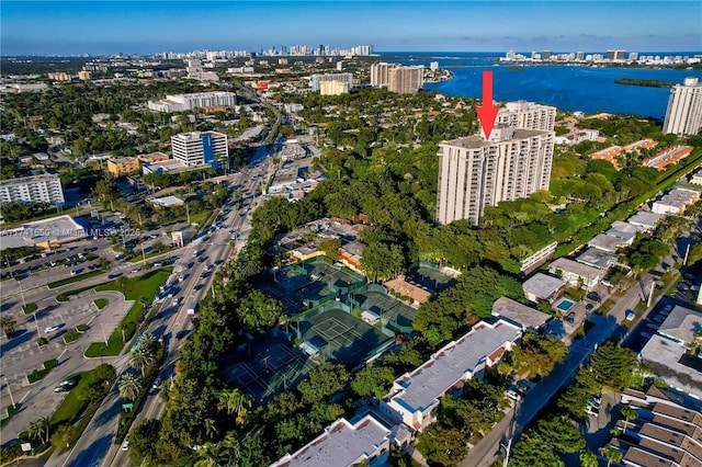 drone / aerial view with a water view