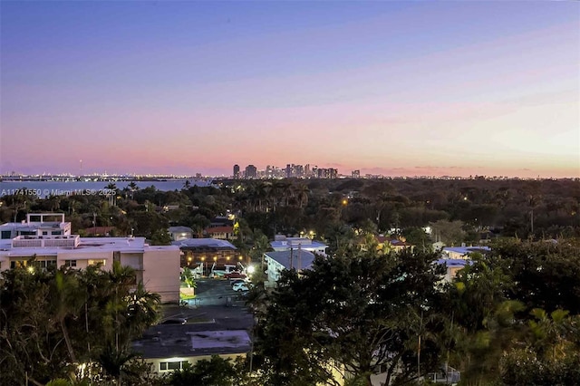 aerial view at dusk featuring a water view