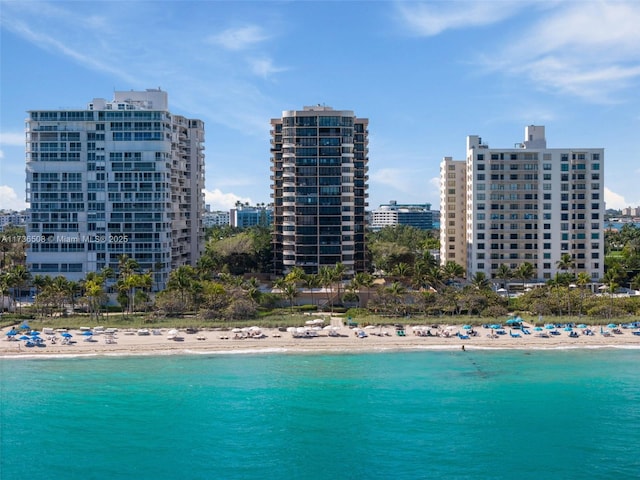 view of swimming pool with a beach view and a water view