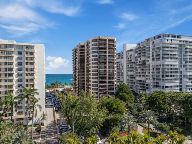 view of building exterior with a water view