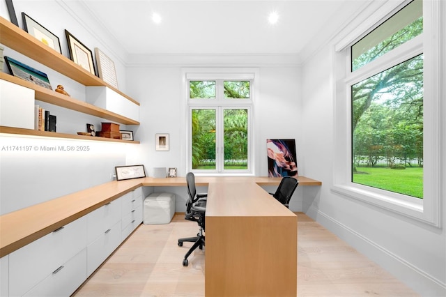5501 Snapper Creek Rd, Coral Gables, FL 33156 - office area with built in desk, crown molding, recessed lighting, and light wood-type flooring