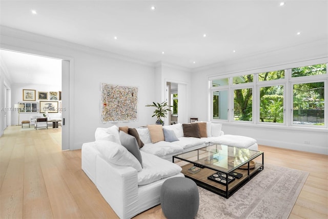 5501 Snapper Creek Rd, Coral Gables, FL 33156 - living room with light wood-type flooring, ornamental molding, and recessed lighting