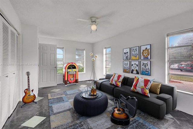 living room with ceiling fan