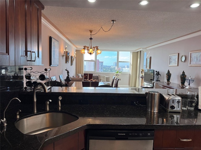 kitchen featuring sink, a textured ceiling, stainless steel dishwasher, ornamental molding, and a notable chandelier