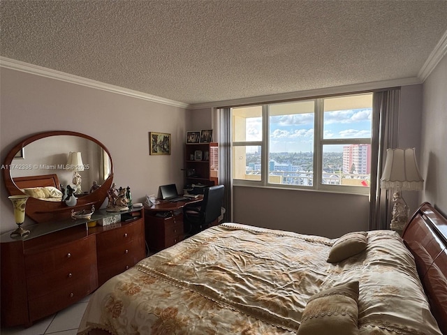 tiled bedroom with crown molding and a textured ceiling