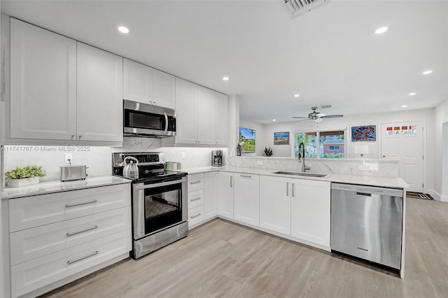 kitchen featuring white cabinetry, sink, kitchen peninsula, and appliances with stainless steel finishes