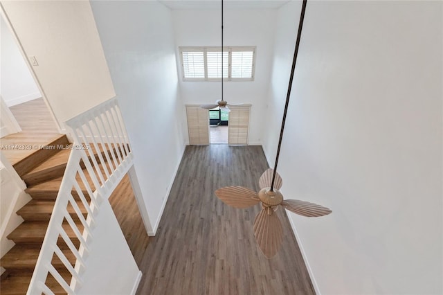 interior space featuring a towering ceiling and dark wood-type flooring