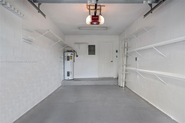 garage featuring a garage door opener, electric water heater, and electric panel