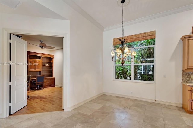 unfurnished dining area featuring baseboards, a chandelier, visible vents, and crown molding