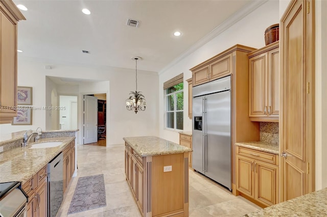 kitchen with decorative backsplash, appliances with stainless steel finishes, light stone counters, crown molding, and a sink