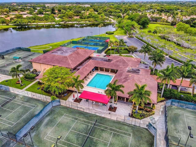 drone / aerial view with a water view