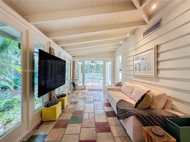 sunroom / solarium with visible vents, wooden ceiling, and plenty of natural light